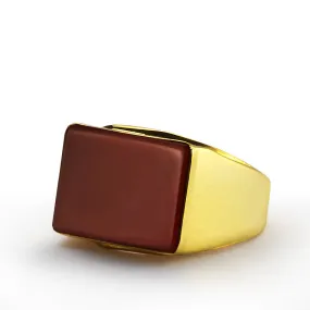 Men's Ring in 14k Yellow Gold with Natural Red Agate Gemstone