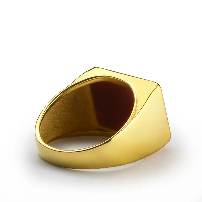 Men's Ring in 14k Yellow Gold with Natural Red Agate Gemstone