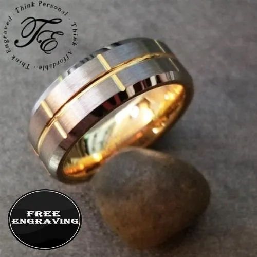 Personalized Men's Promise Ring - Grooved 14k Gold Over Real Tungsten