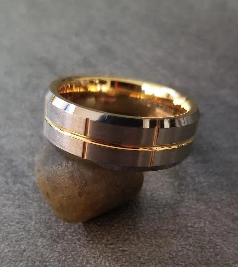 Personalized Men's Promise Ring - Grooved 14k Gold Over Real Tungsten