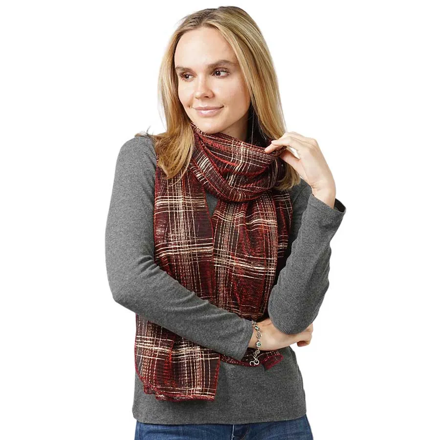 Plaid Check Patterned Lurex Sheer Crinkle Oblong Scarf