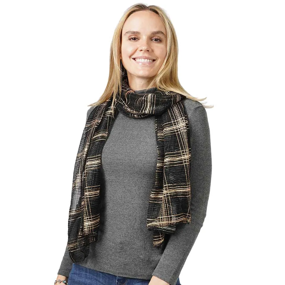 Plaid Check Patterned Lurex Sheer Crinkle Oblong Scarf