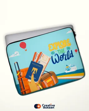 Quirky and Cool Blue Laptop Sleeves with Tagline " Explore the World "