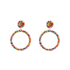 Rainbow Seed Bead Drop Hoop Earrings