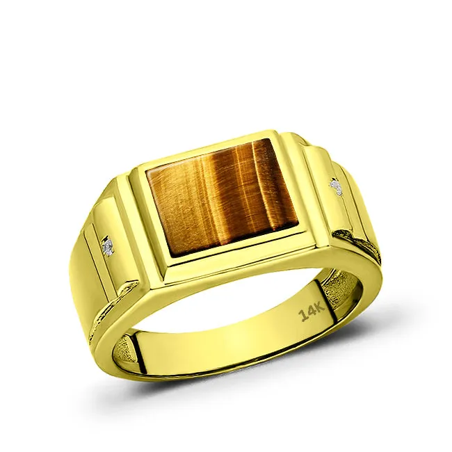 Real Fine 14K Yellow Gold Natural Tiger's Eye Mens Ring and 2 Diamonds