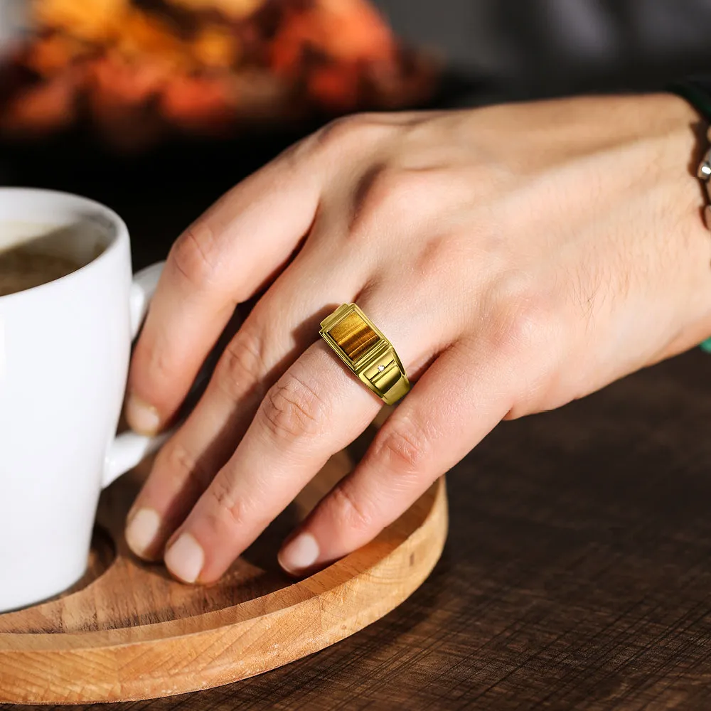 Real Fine 14K Yellow Gold Natural Tiger's Eye Mens Ring and 2 Diamonds