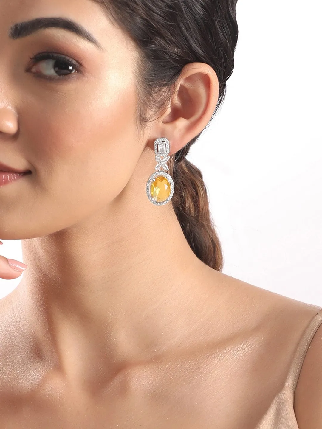 Rubans Rhodium Plated Premium White & Yellow Sapphire Zircons Dangle Earrings