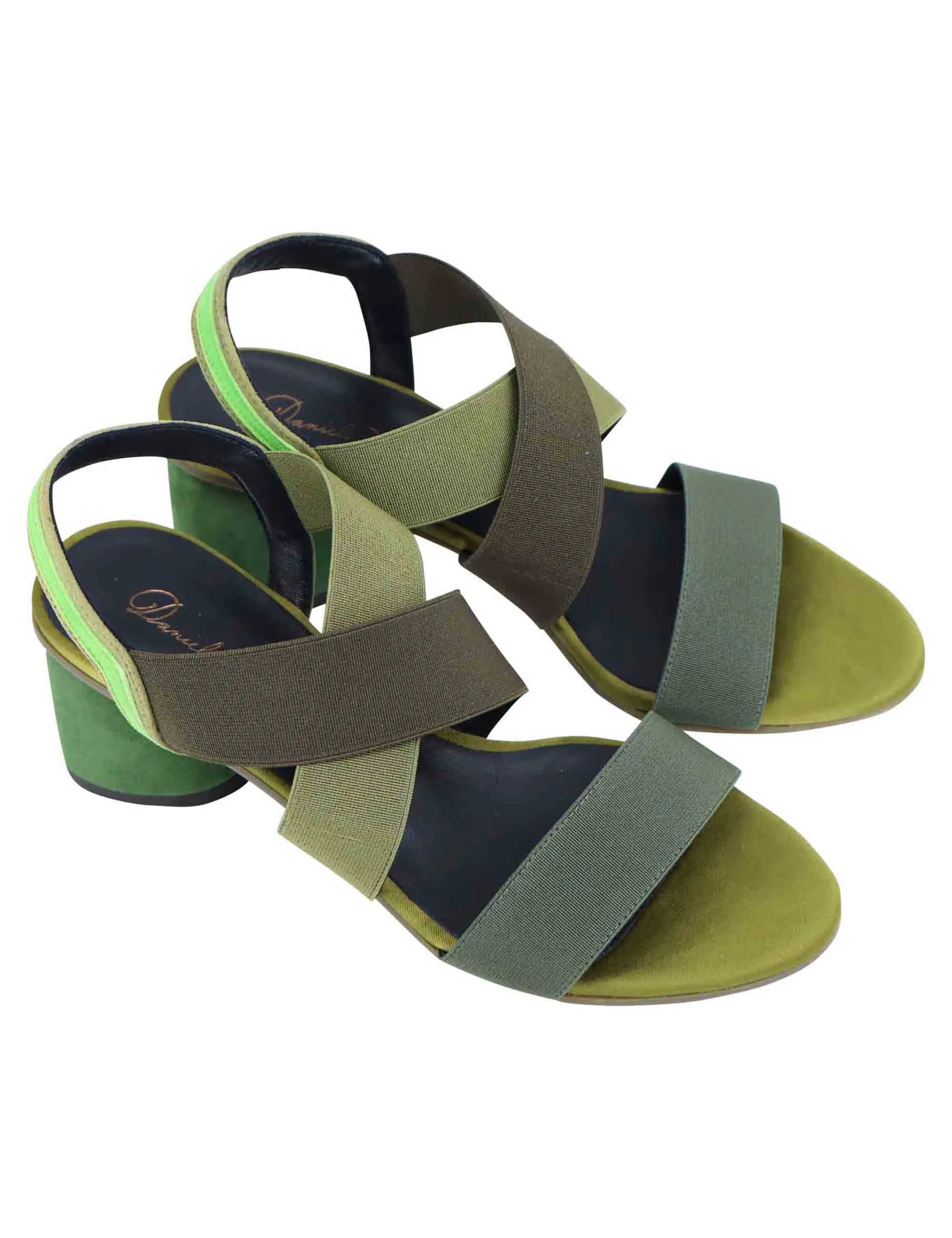 Sandali slingback donna in tessuto verde con tacco in tinta