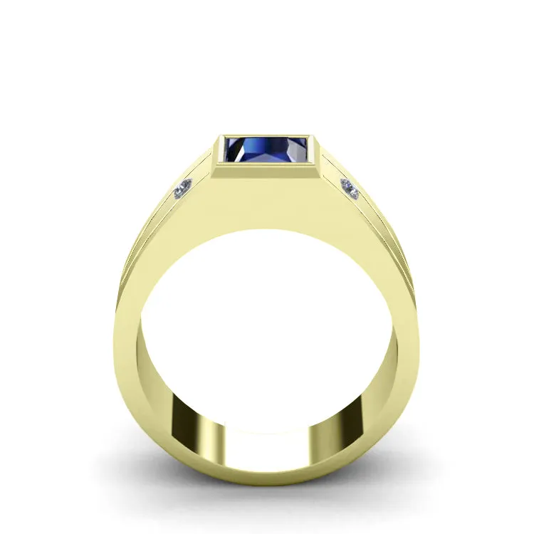 Sapphire Pinky Ring 18K Yellow Gold and 0.04ct Natural Diamonds Personalized Band with Blue Stone