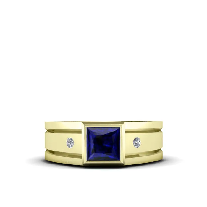 Sapphire Pinky Ring 18K Yellow Gold and 0.04ct Natural Diamonds Personalized Band with Blue Stone