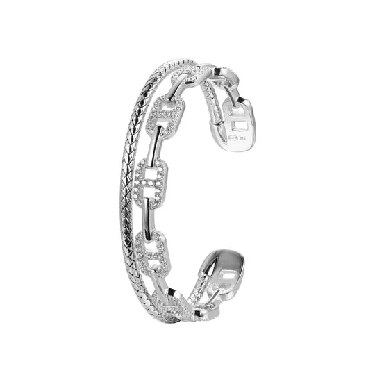 SS CZ Double Cuff Marina Link Bangle Bracelet