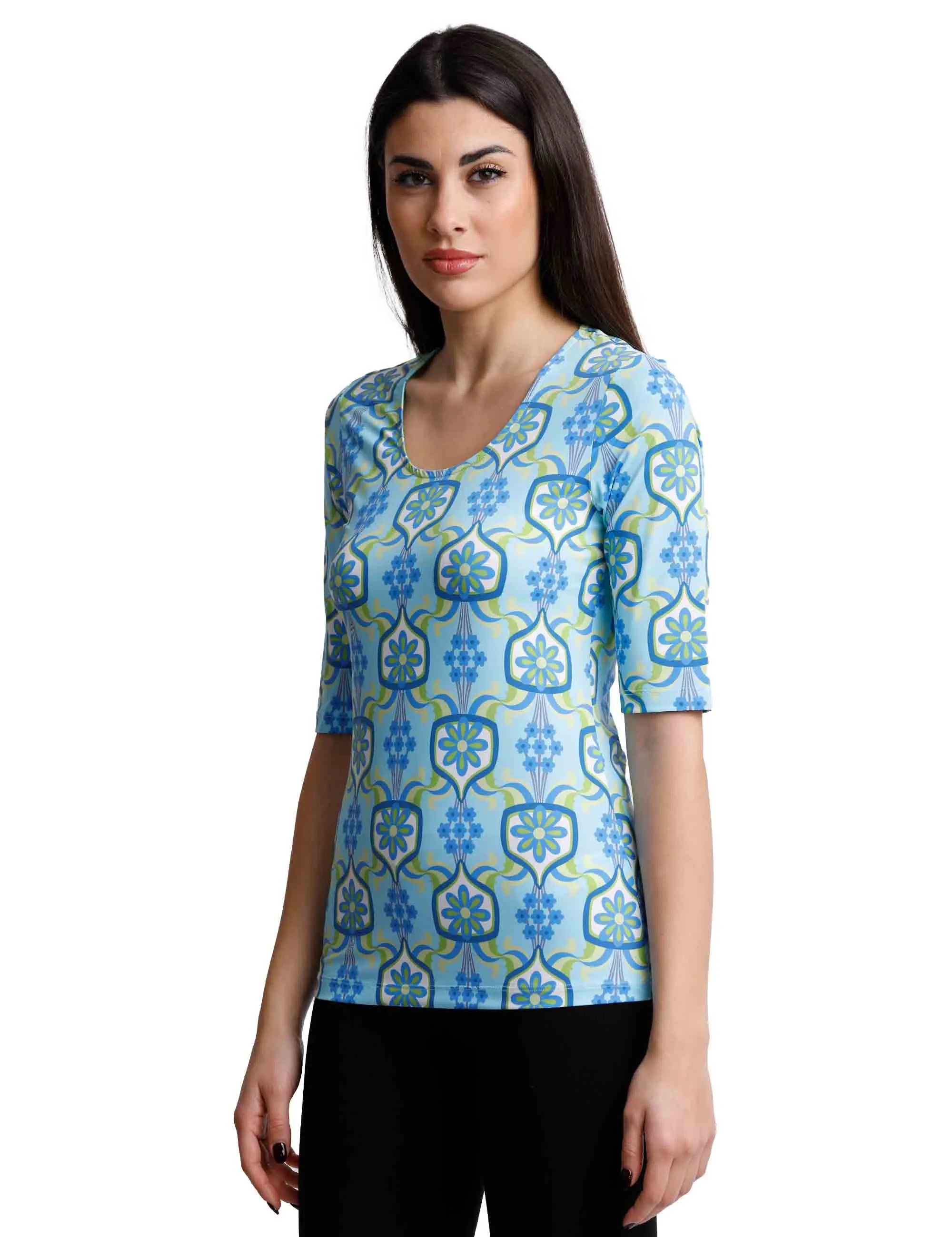 T-shirts donna Marigold in jersey azzurro e blu mezze maniche