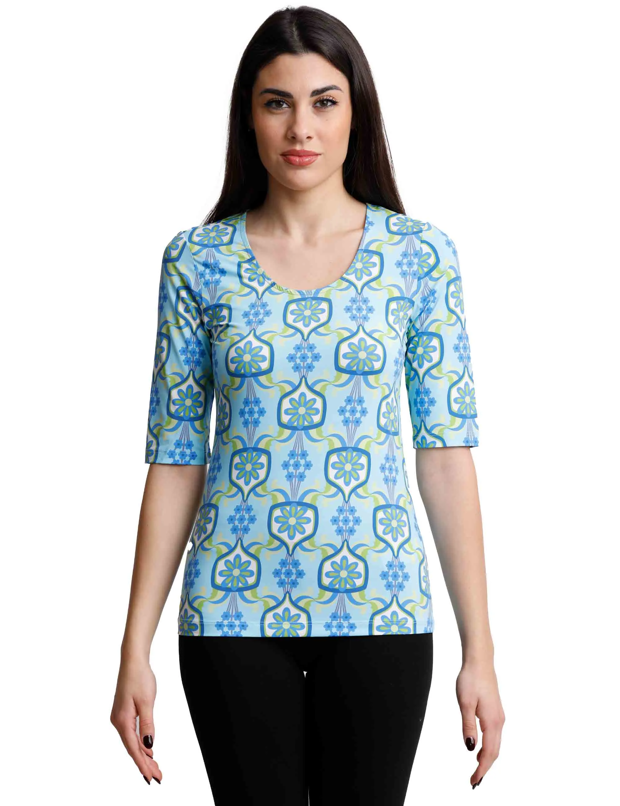 T-shirts donna Marigold in jersey azzurro e blu mezze maniche