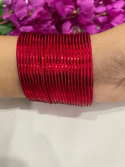 Traditional Red Color Plain Running Dotted Metal Bangle Sets