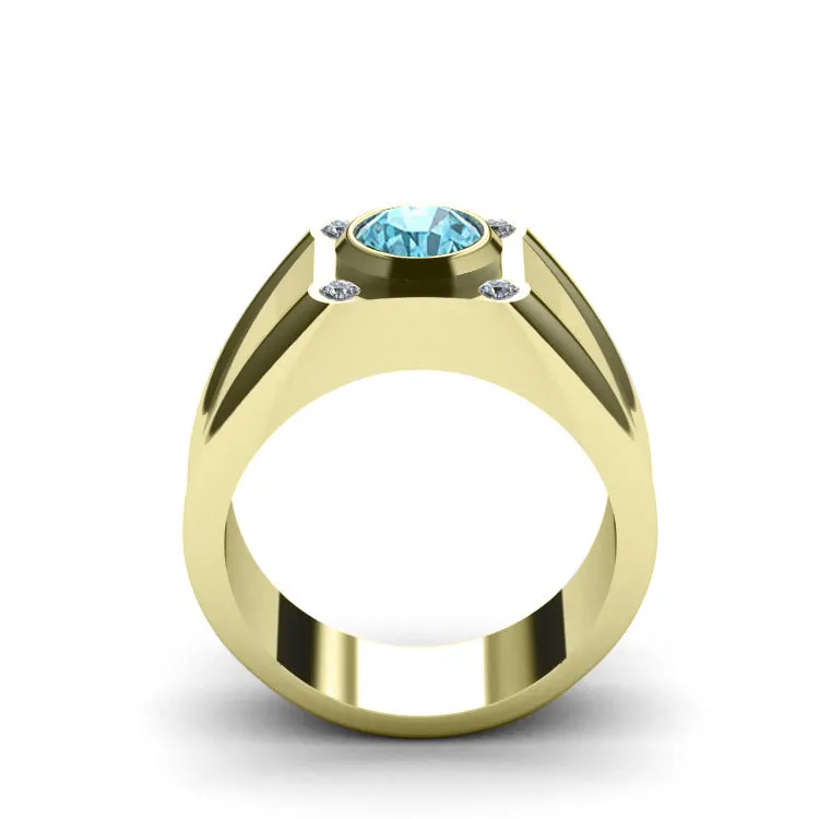 Unique Engagement Ring for Man 4 Diamonds and Round Topaz Gemstone 14k Yellow Gold Scorpio Gift