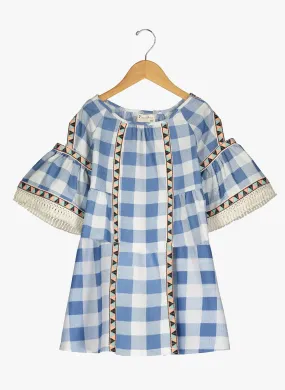 Vierra Rose Lillian Cold Shoulder Trimmed Dress in Blue Check